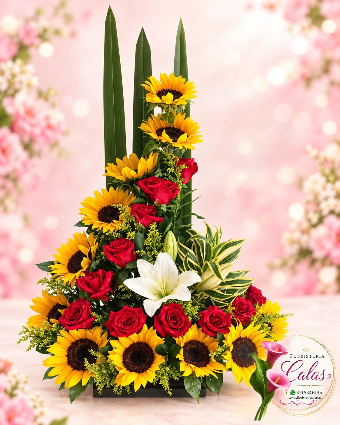 Arreglo alto de girasoles y rosas rojas