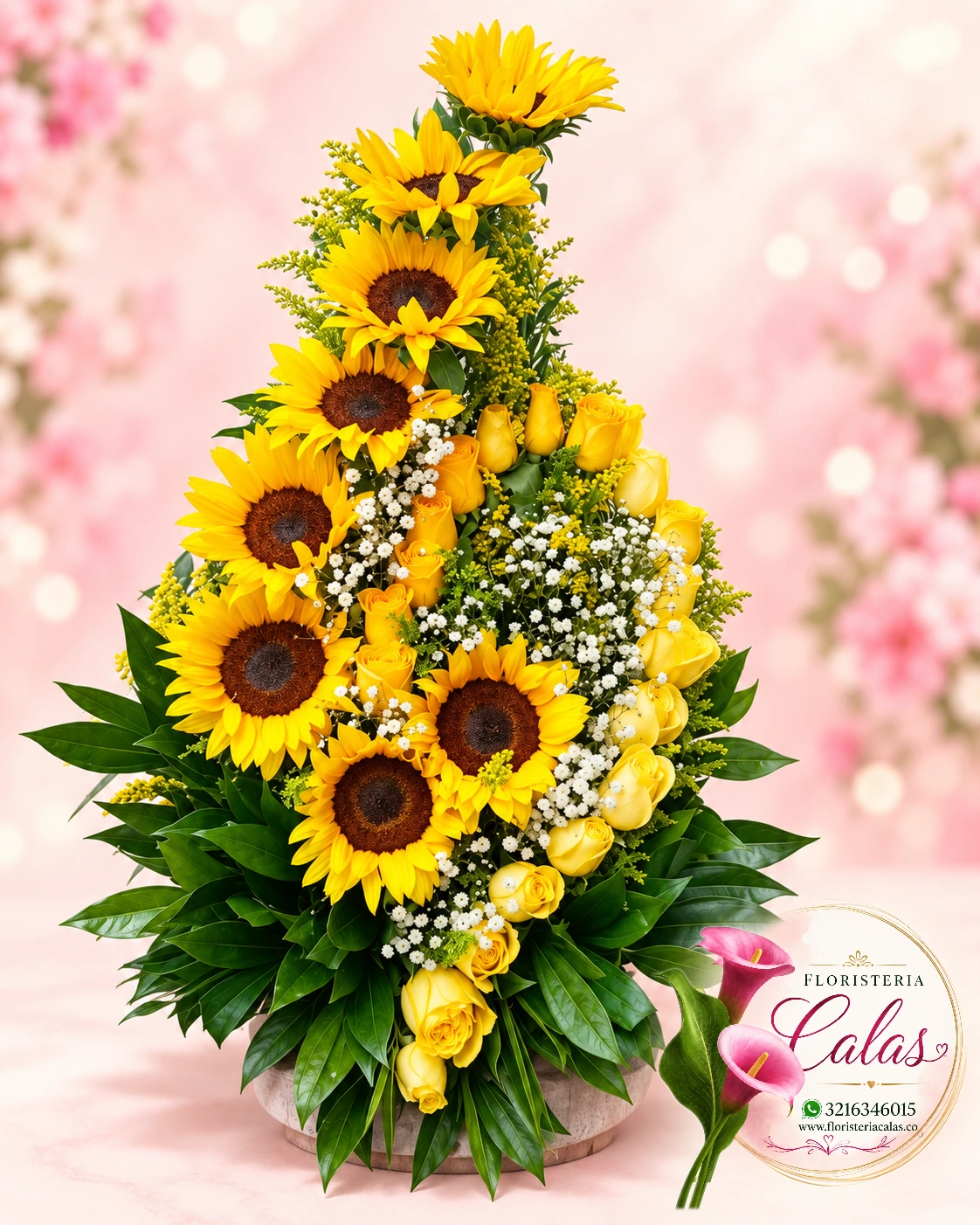 Arreglo floral amarillo de girasoles y rosas