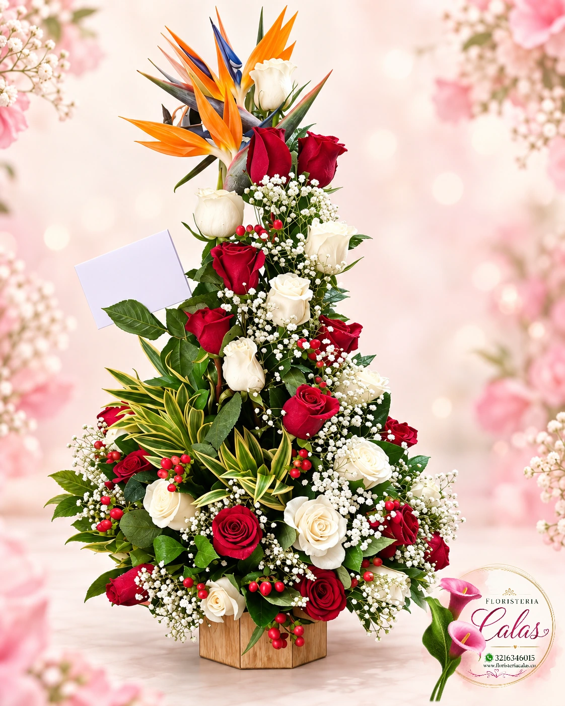 Arreglo tropical de rosas rojas y blancas