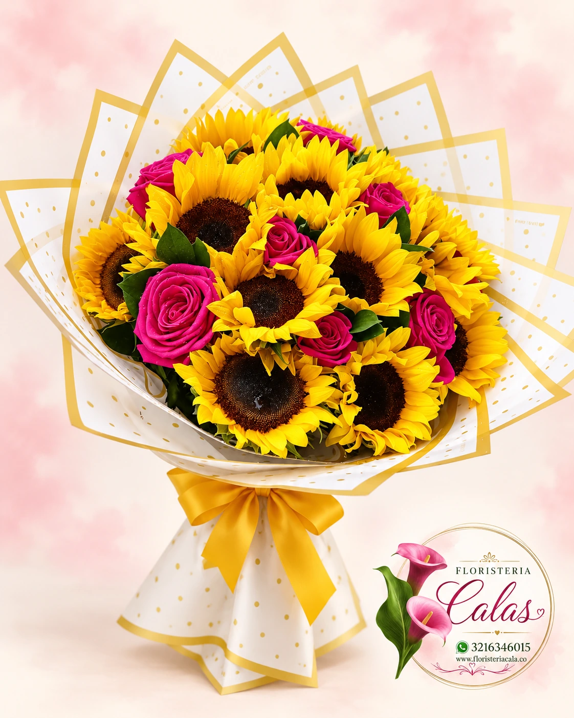 Bouquet de girasoles y rosas fucsias
