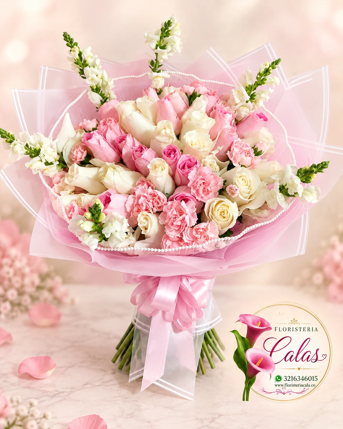 Bouquet romántico de rosas y calas