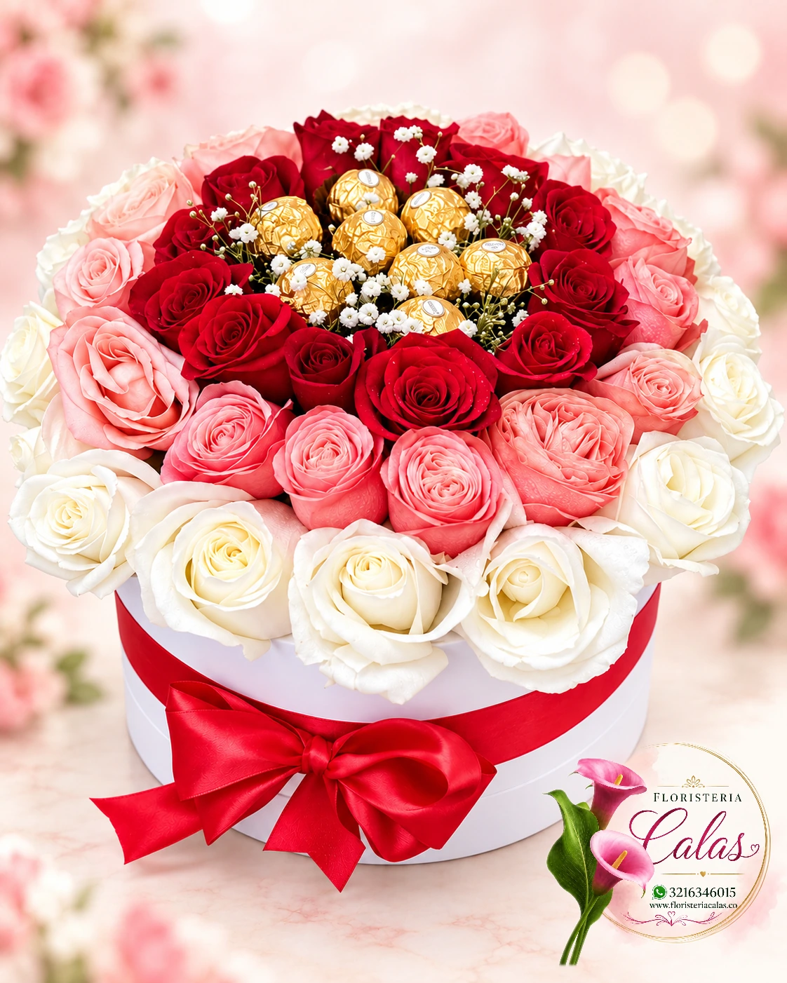 Caja floral con rosas y chocolates