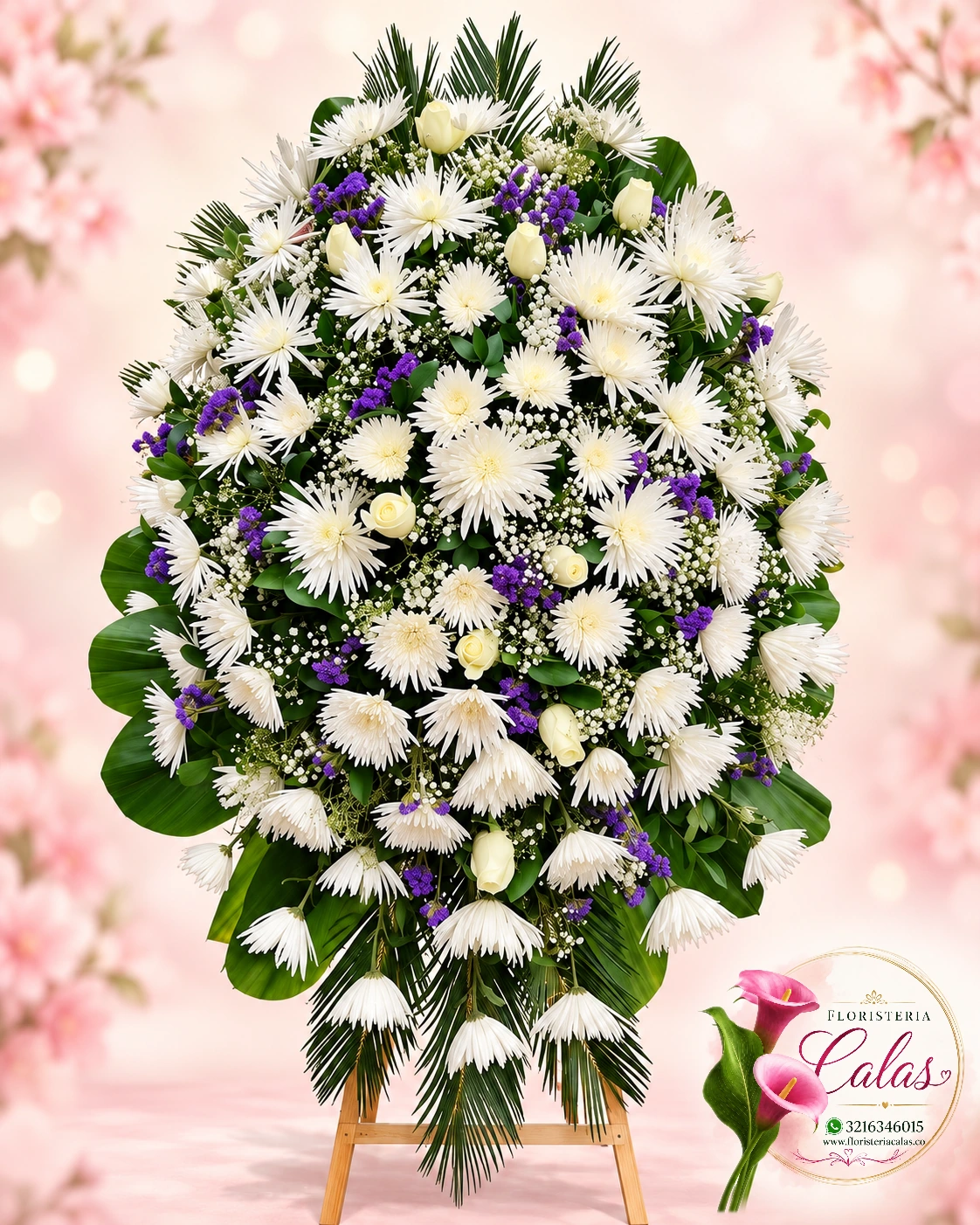 Corona fúnebre blanca con detalles morados