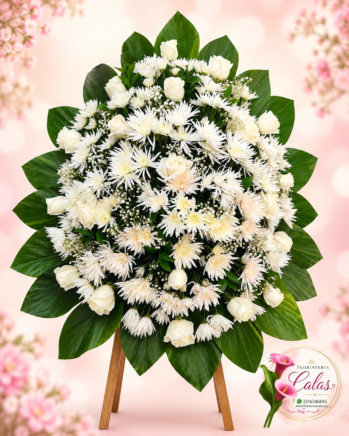 Corona fúnebre blanca con rosas