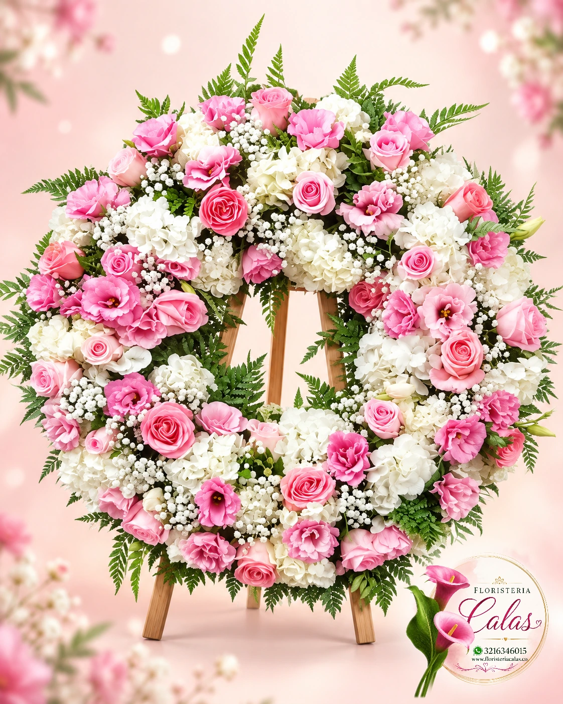 Corona fúnebre rosada y blanca