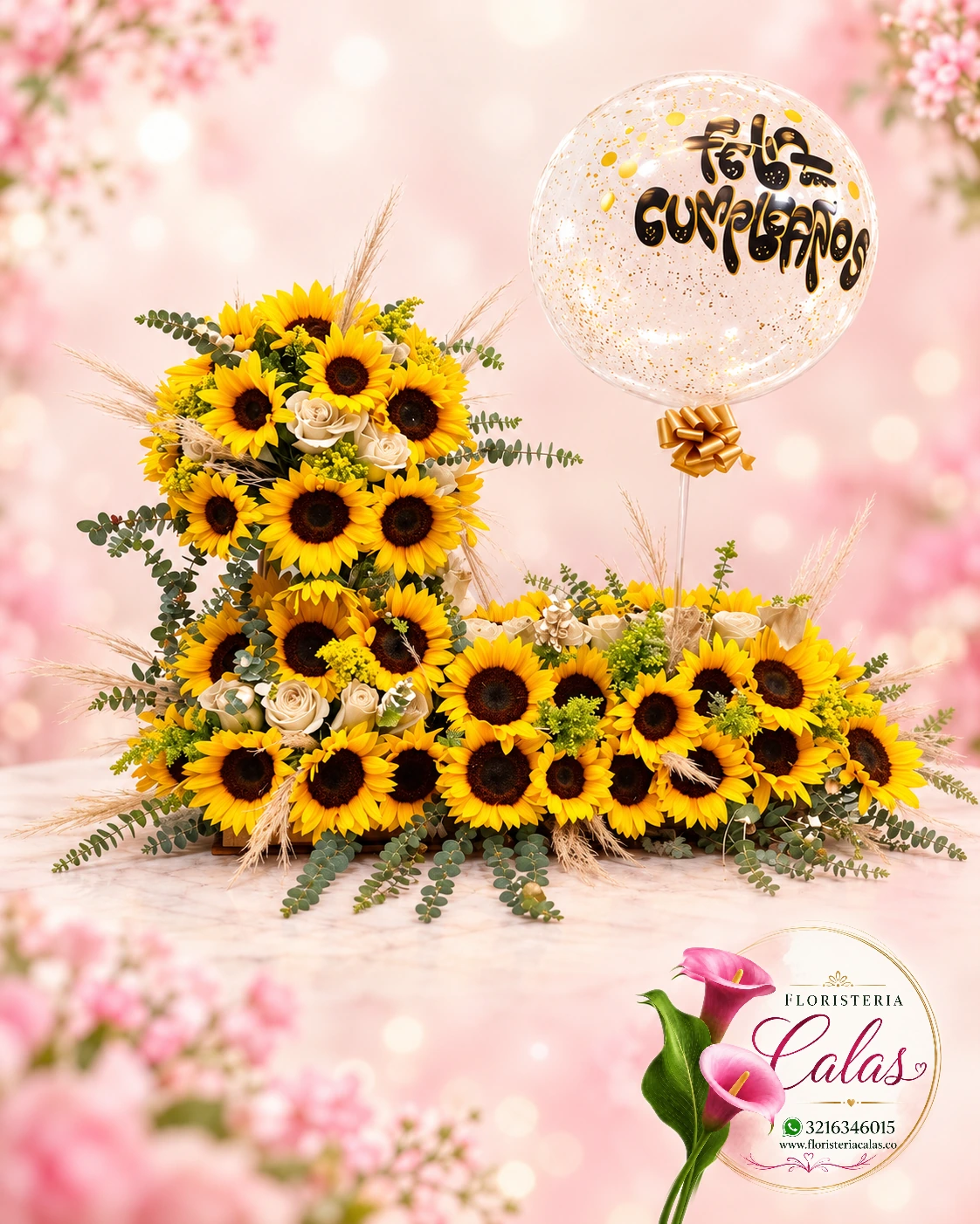 Arreglo de girasoles con globo de cumpleaños