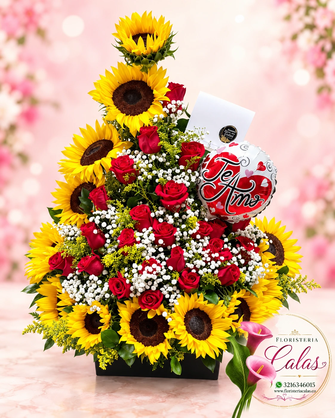 Arreglo de girasoles y rosas con detalle Te Amo